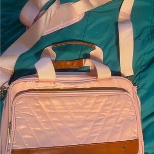 Women’s Quilted Pink Shoulder Bag with Brown Trim